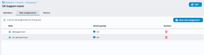 User group Role assignments tab showing assigned roles, device groups, a New role assignment button and delete icons.